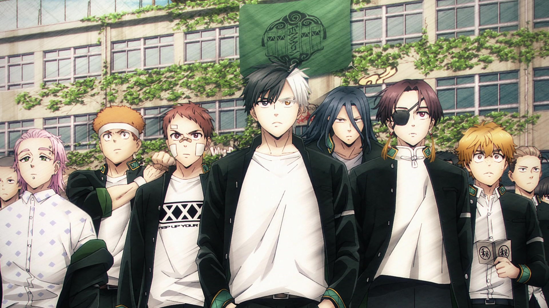 A group of anime boys in matching school uniforms standing side by side in front of building with a large green banner hanging from the top in Wind Breaker.