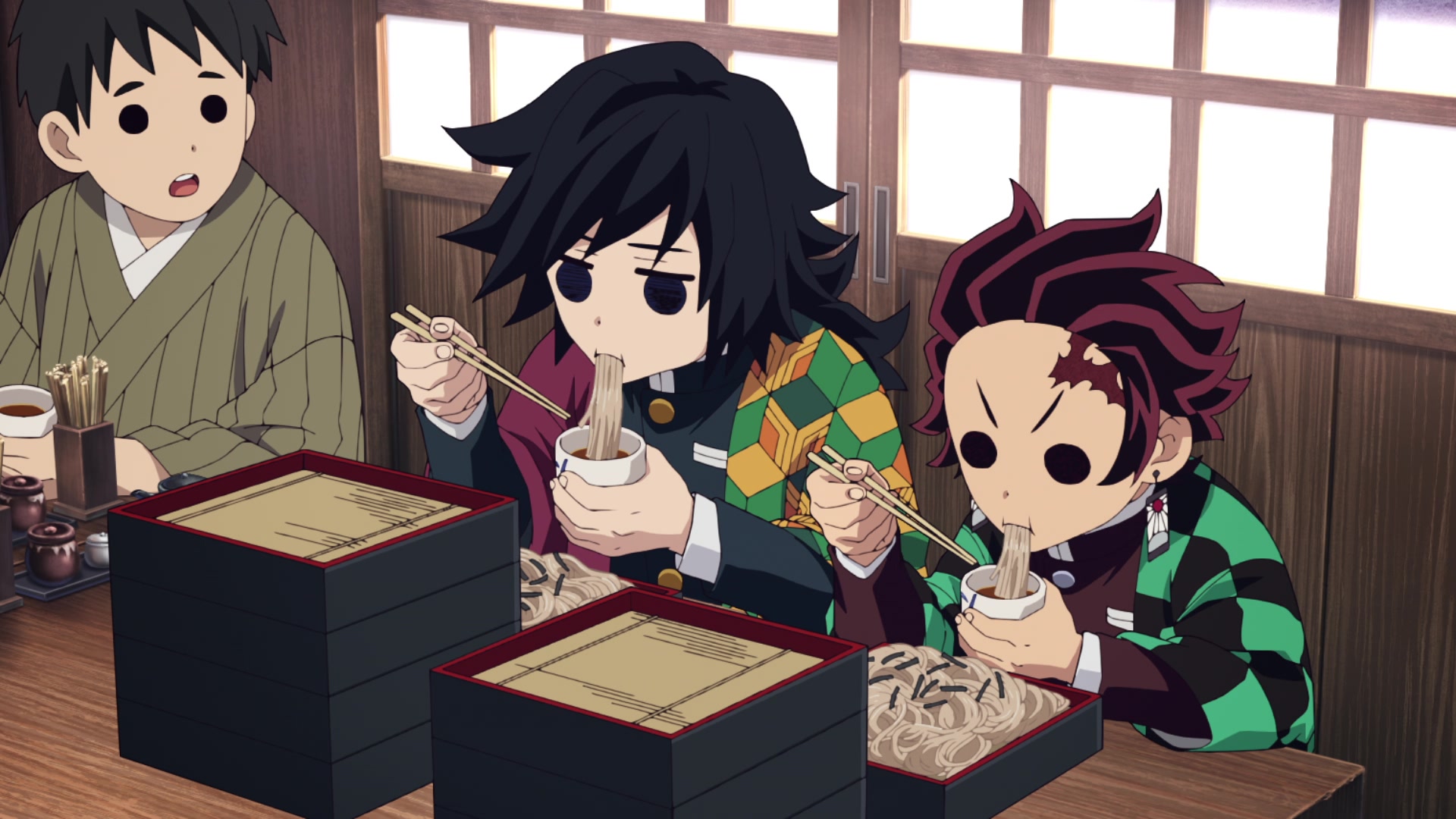 Three anime boys eating ramen in Demon Slayer: Kimetsu no Yaiba - Hashira Training Arc.