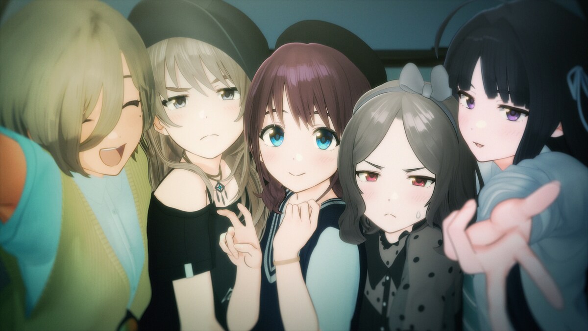 A group of five anime girls crowding inside a photo booth and posing in Girls Band Cry