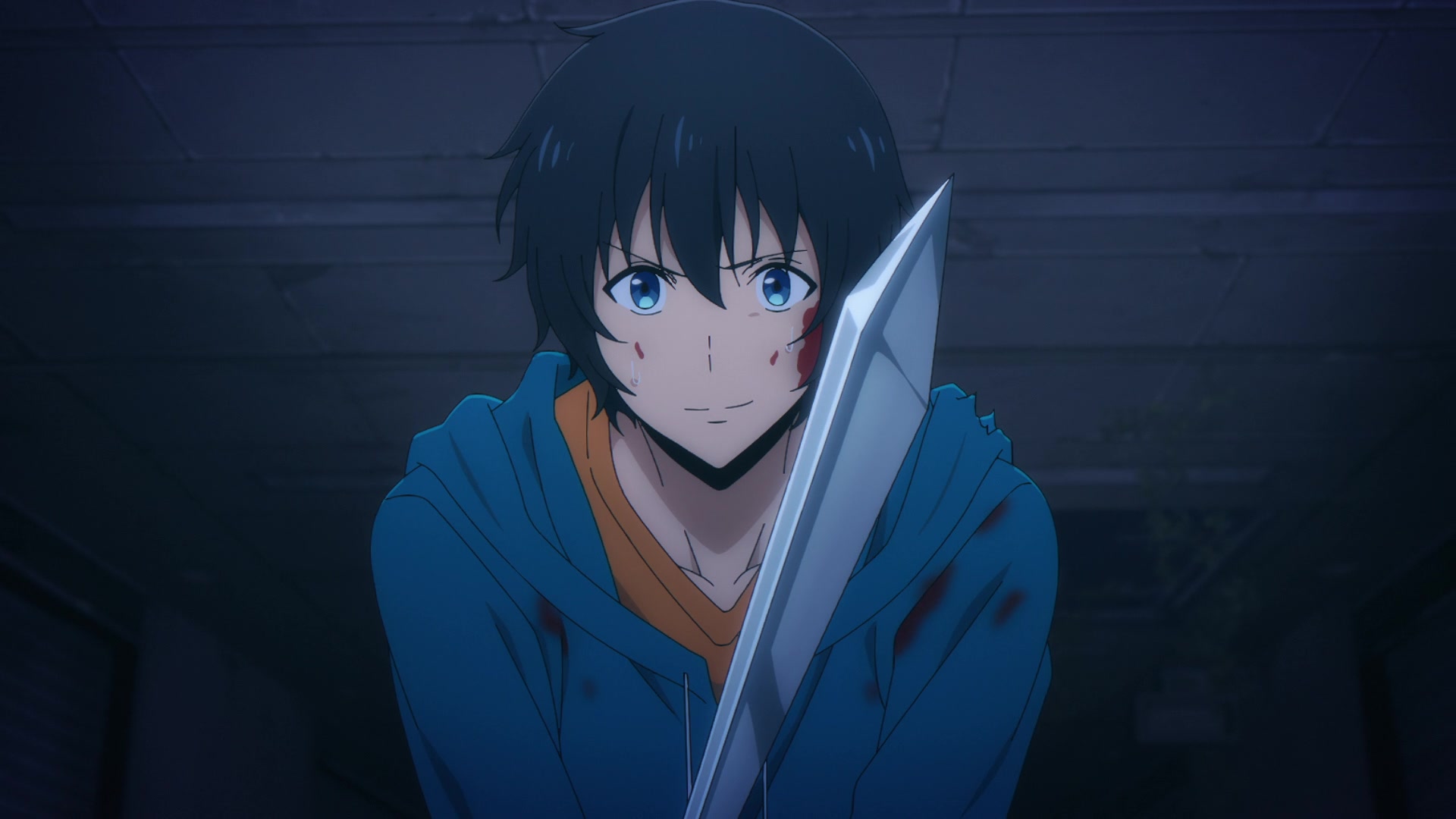 A black-haired anime boy in a blue hoodie with blood stains on his face holding a sword in a dark hallway.