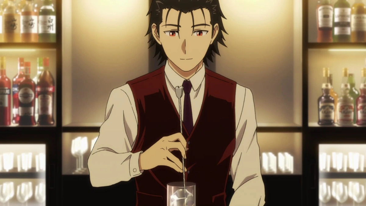 An anime man in a bartender’s uniform stirring a glass in Bartender Glass of God.