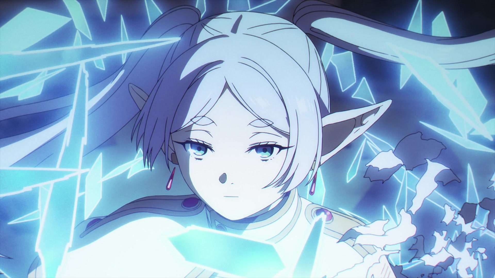 A close-up of a white-haired elven mage surrounded by glowing shards of glass-like energy.