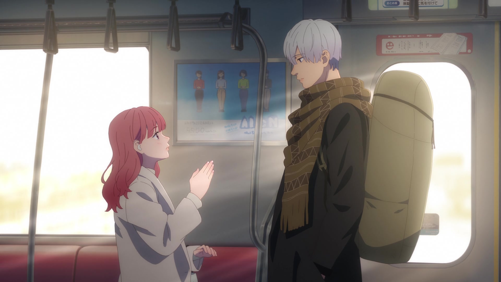 A pink-haired anime girl using sign language to speak to a taller, white-haired anime man on a train in A Sign of Affection.