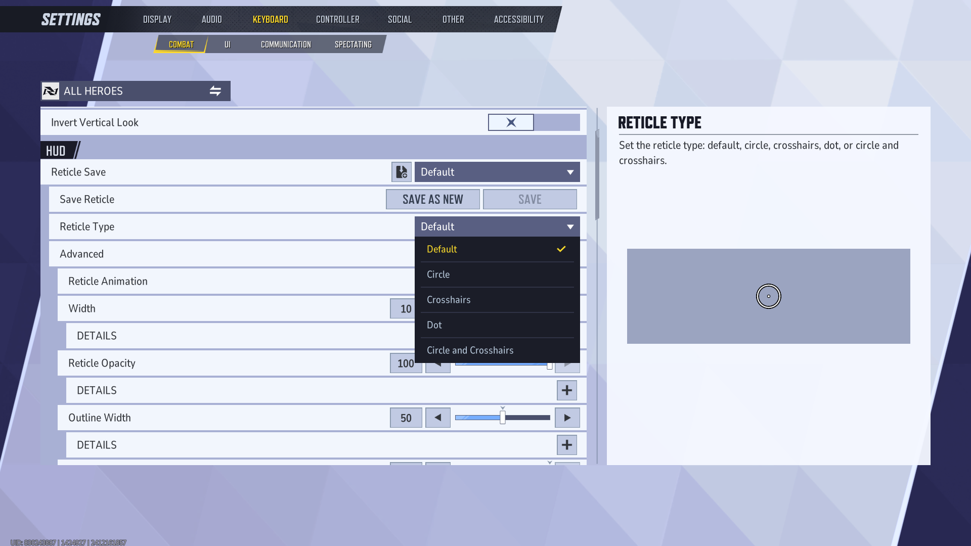 A player customizes their reticle settings in Marvel Rivals