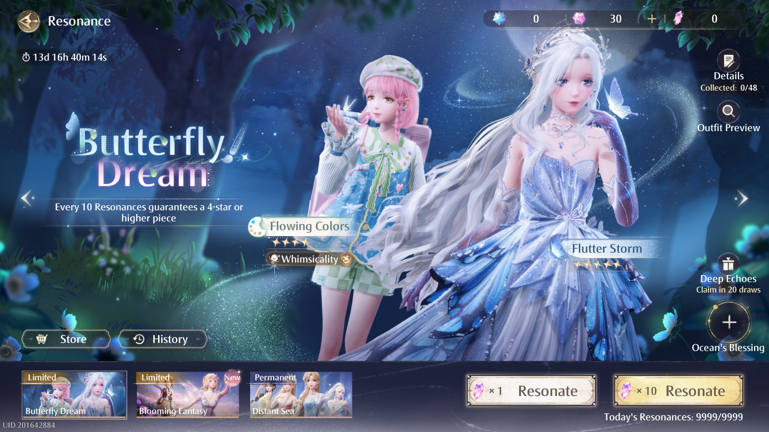 The Butterfly Dream and Blooming Fantasy banners for Infinity Nikki, with an exclusive 4-star and 5-star outfit.