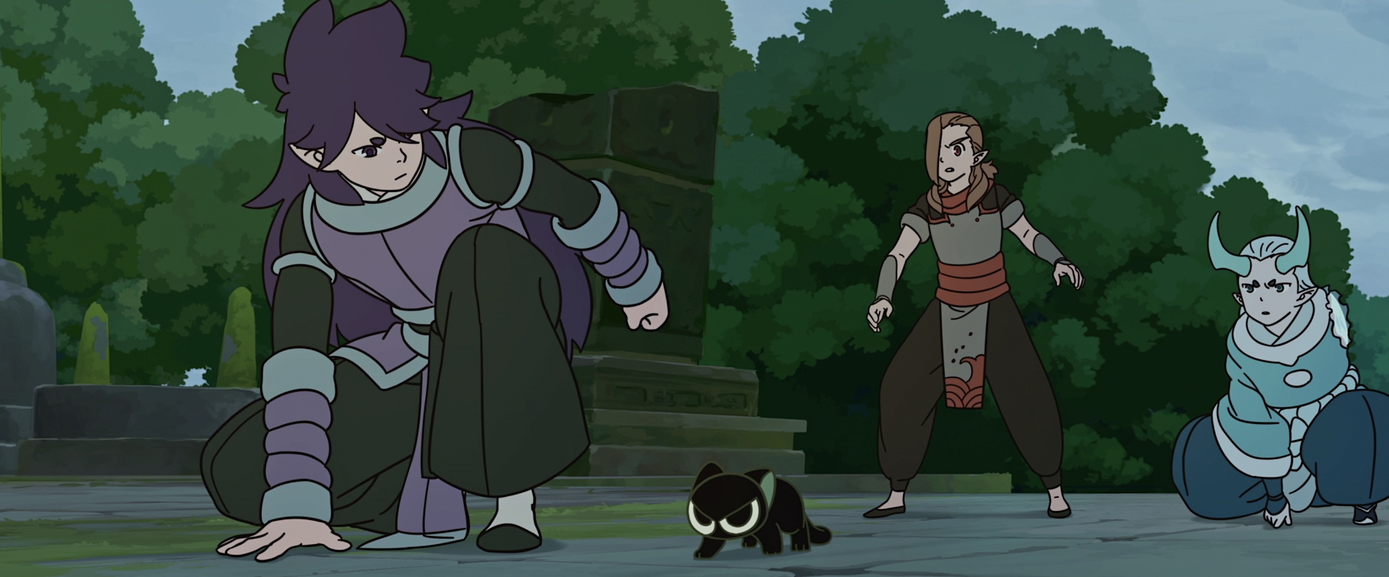 A group of animated warriors in fantasy robes, with spiky hair in various colors, look at the tiny, angry black cat in their midst in a just-before-battle scene in The Legend of Hei