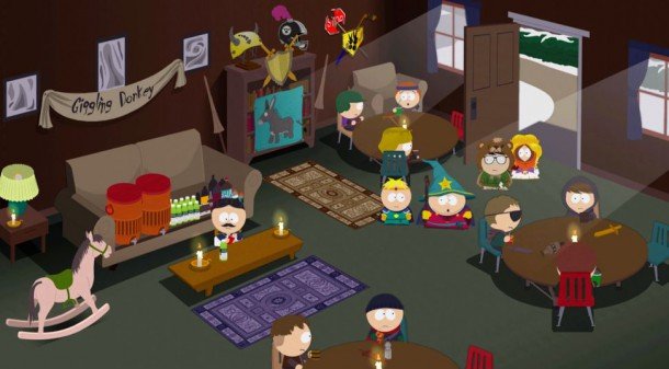 South Park The Stick of Truth screenshot showing the Giggling Donkey tavern.