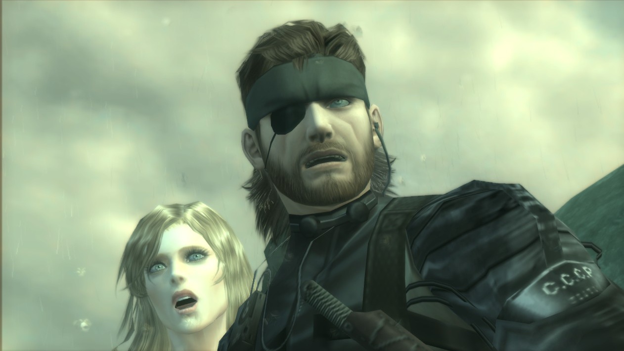 Naked Snake and Eva look shocked.