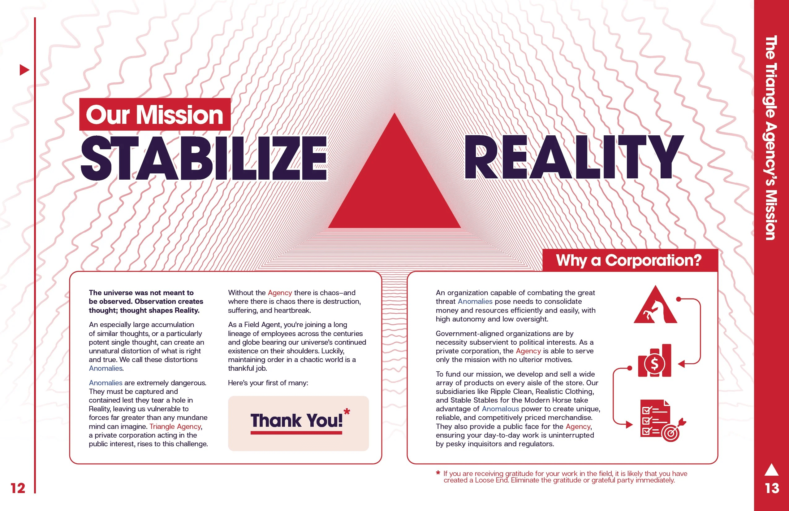pages of triangle agency show the words “our mission: stabilize reality”