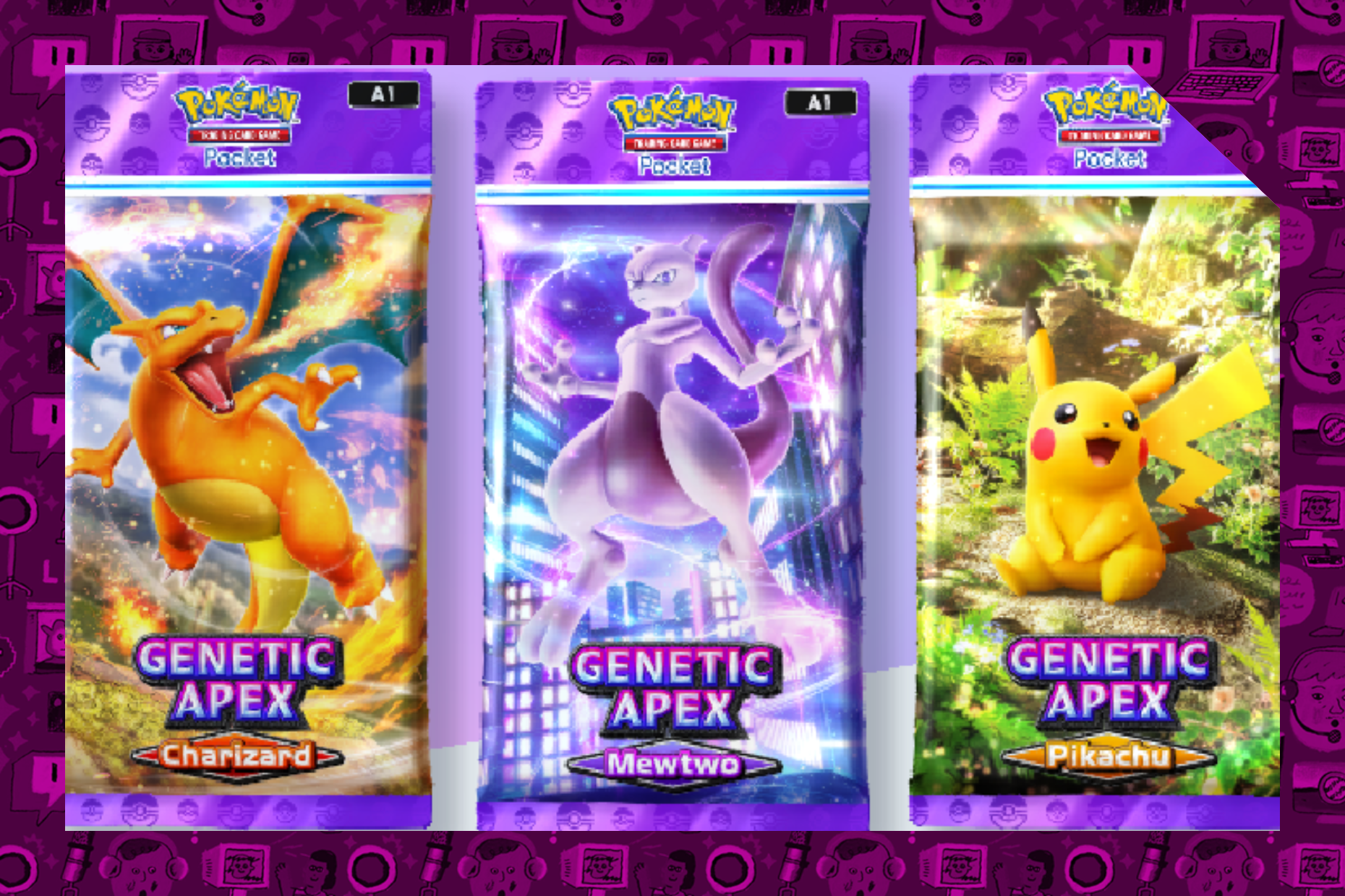 Three Pokemon TCG Pocket booster packs overlaid over a pink background