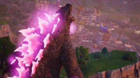 Godzilla stands in front of a purple background in Fortnite