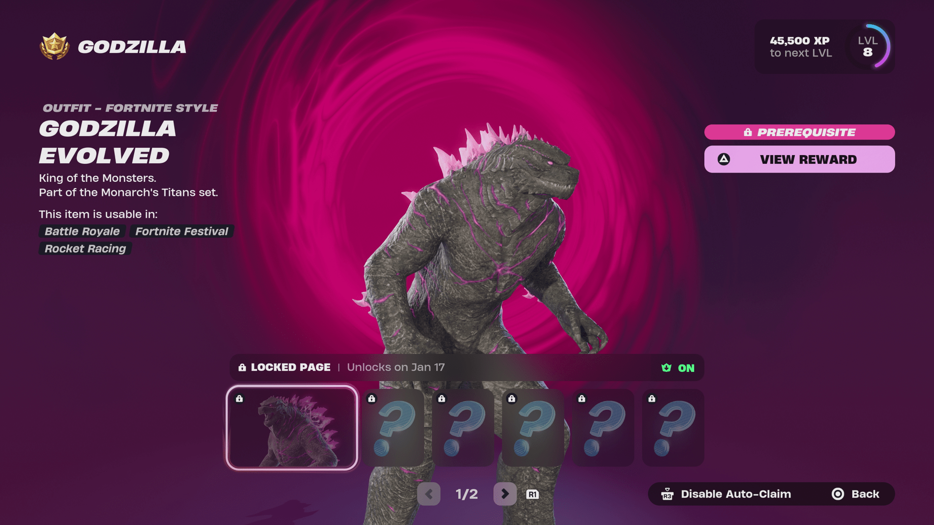 A menu shows the Godzilla skin release date in Fortnite Chapter 6 Season 1