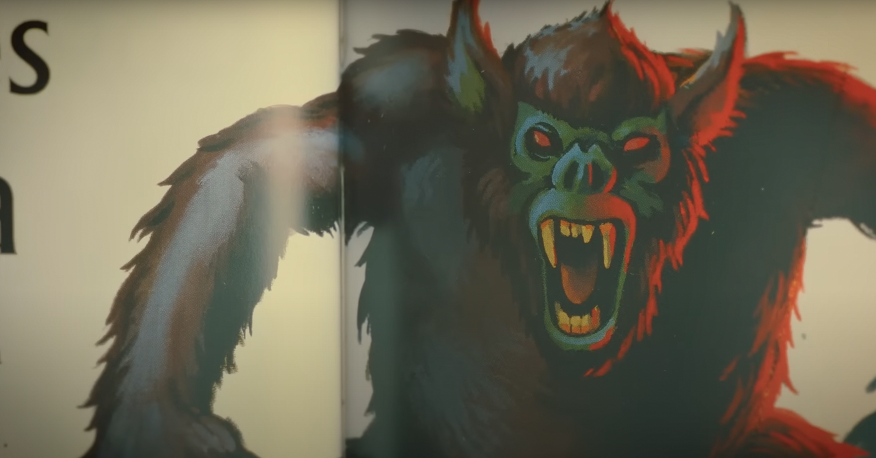 A book illustration of a snarling, ape-like beast with large teeth and pointed ears in The Legend of Ochi A book illustration of a snarling, ape-like beast with large teeth and pointed ears in The Legend of Ochi