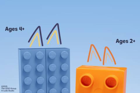 Blue Lego bricks and an orange Duplo brick with ears drawn over them to look like Bluey and Bingo