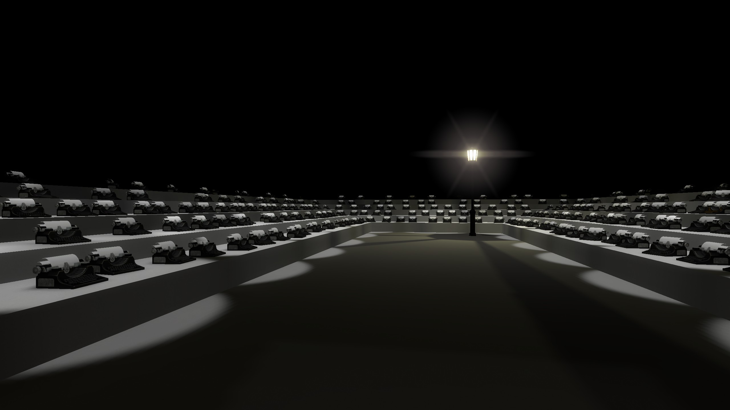 A dark room full of typewriters on white shelves. At the far end of the room, there is one black lamp post shining a light on the shelves of typewriters 
