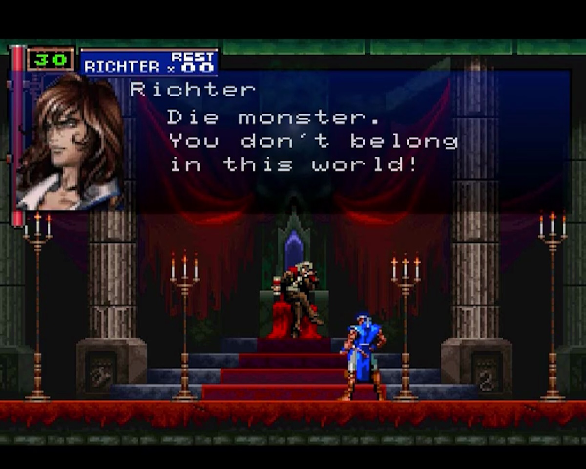 Richter telling Dracula: Die monster! in Castlevania: Symphony of the Night