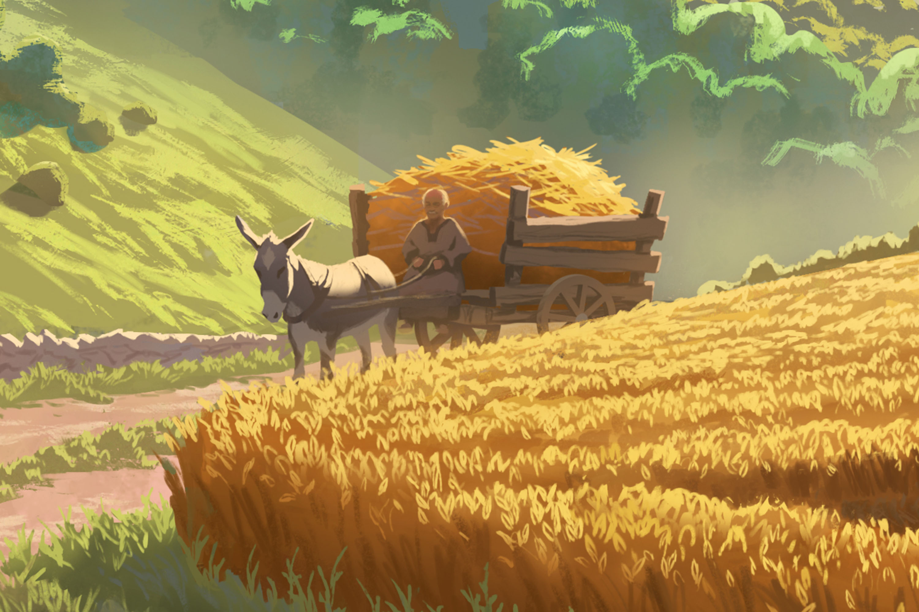 A grey-haired man who looks like Klaus Teuber brings a donkey cart full of wheat up the lane in cover art for Catan.