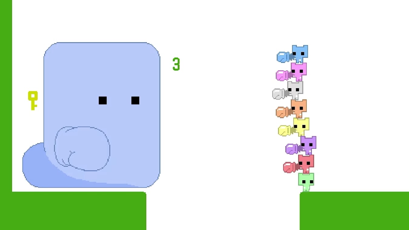 A screenshot from Pico Park 2. It shows several characters stacked up on top of each other. They have little punching gloves and they’re facing a creature that looks like a giant blue blob. A screenshot from Pico Park 2. It shows several characters stacked up on top of each other. They have little punching gloves and they’re facing a creature that looks like a giant blue blob.