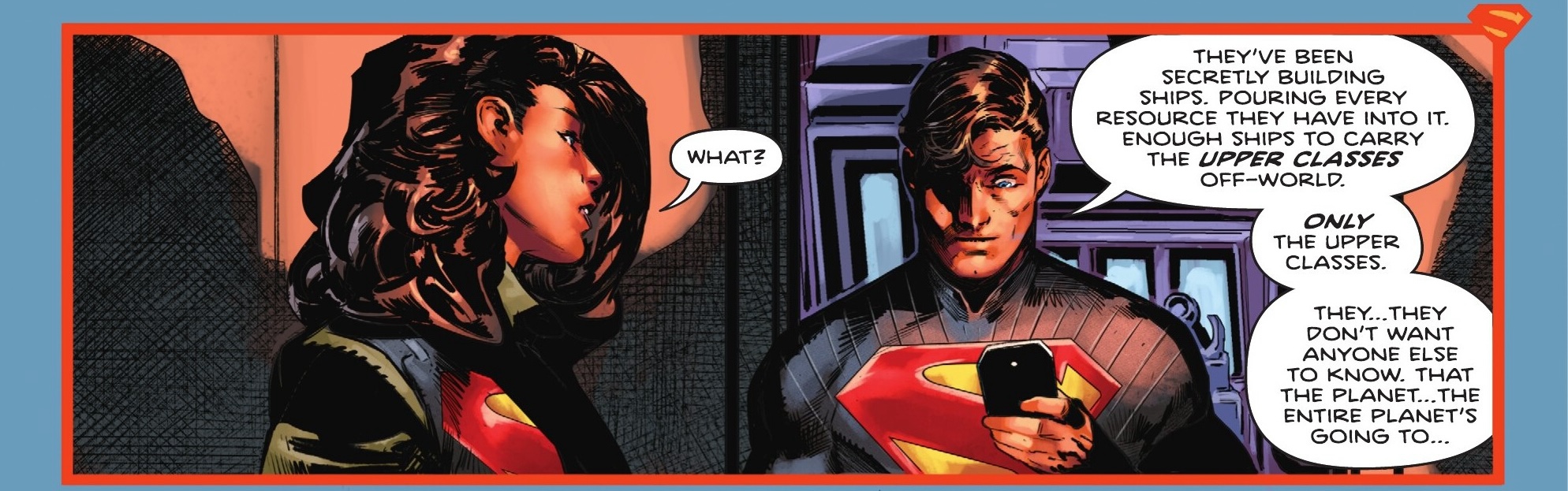 Superman’s father looks at his Kryptonian iPhone in shock as he discovers that the upper classes of society have been secretly building ships so that they alone can escape the planet’s destruction. “Only the upper classes. They… they don’t want anyone else to know. That the planet… the entire planet‘s going to…” in Absolute Superman #3.