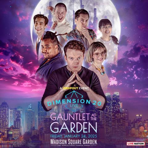 Promotional art of the seven “Intrepid Heroes” and Brennan Lee Mulligan posing in front of a full moon, for the “Gauntlet at the Garden” show.
