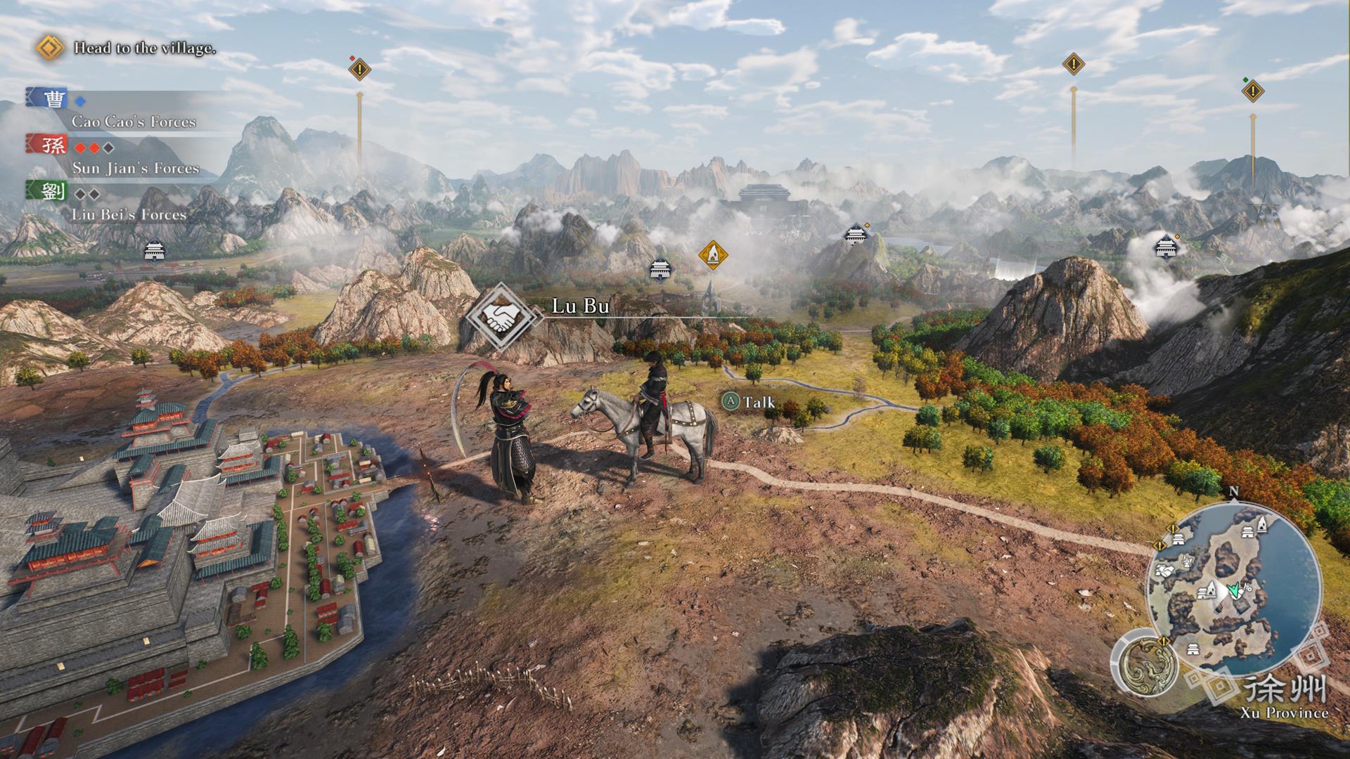 The image shows the player exploring on horseback, chatting with Lu Bu in Dynasty Warriors: Origins. The image shows the player exploring on horseback, chatting with Lu Bu in Dynasty Warriors: Origins.