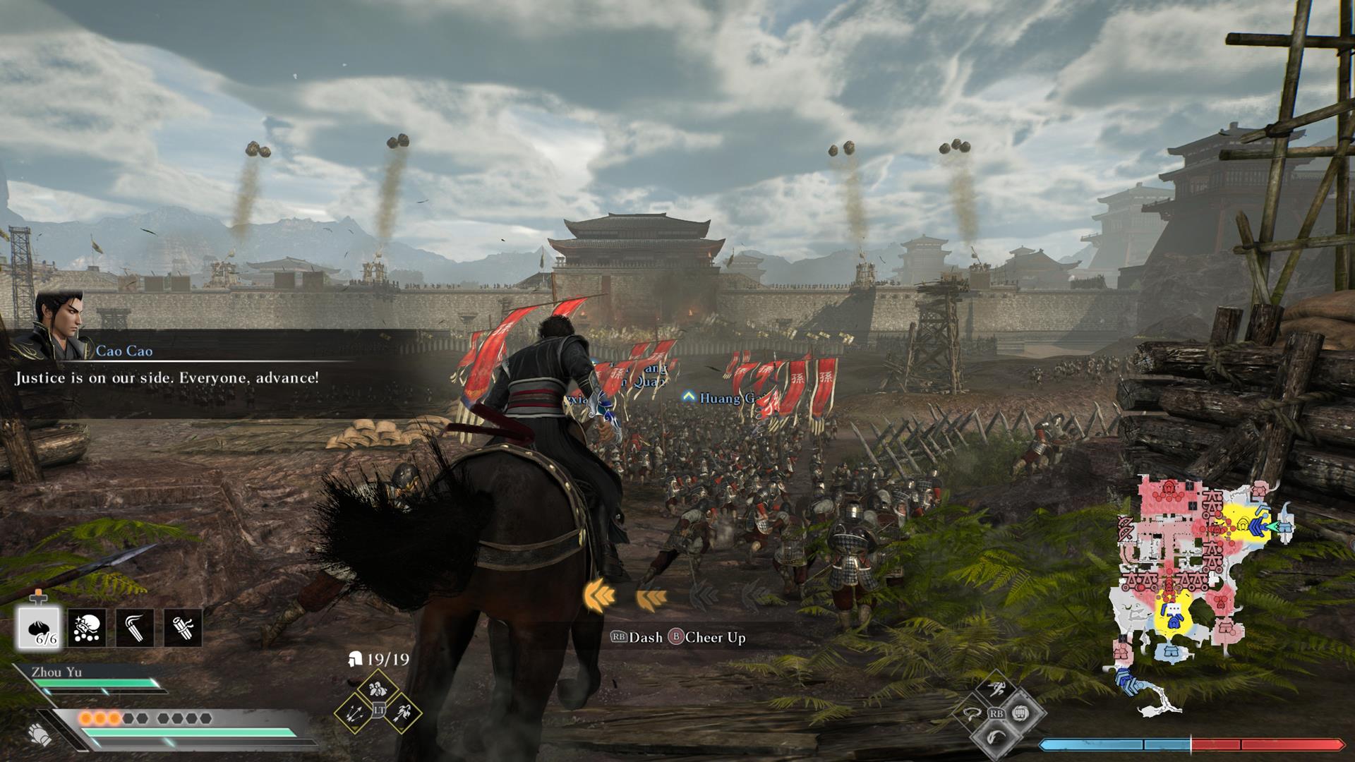 The image shows the Wanderer from Dynasty Warriors: Origins advancing toward a castle as part of an army. This is a rear view of the Wanderer on a horse. In front of them there is a huge army with red flags raised. In the background there is a huge stone fortress The image shows the Wanderer from Dynasty Warriors: Origins advancing toward a castle as part of an army. This is a rear view of the Wanderer on a horse. In front of them there is a huge army with red flags raised. In the background there is a huge stone fortress