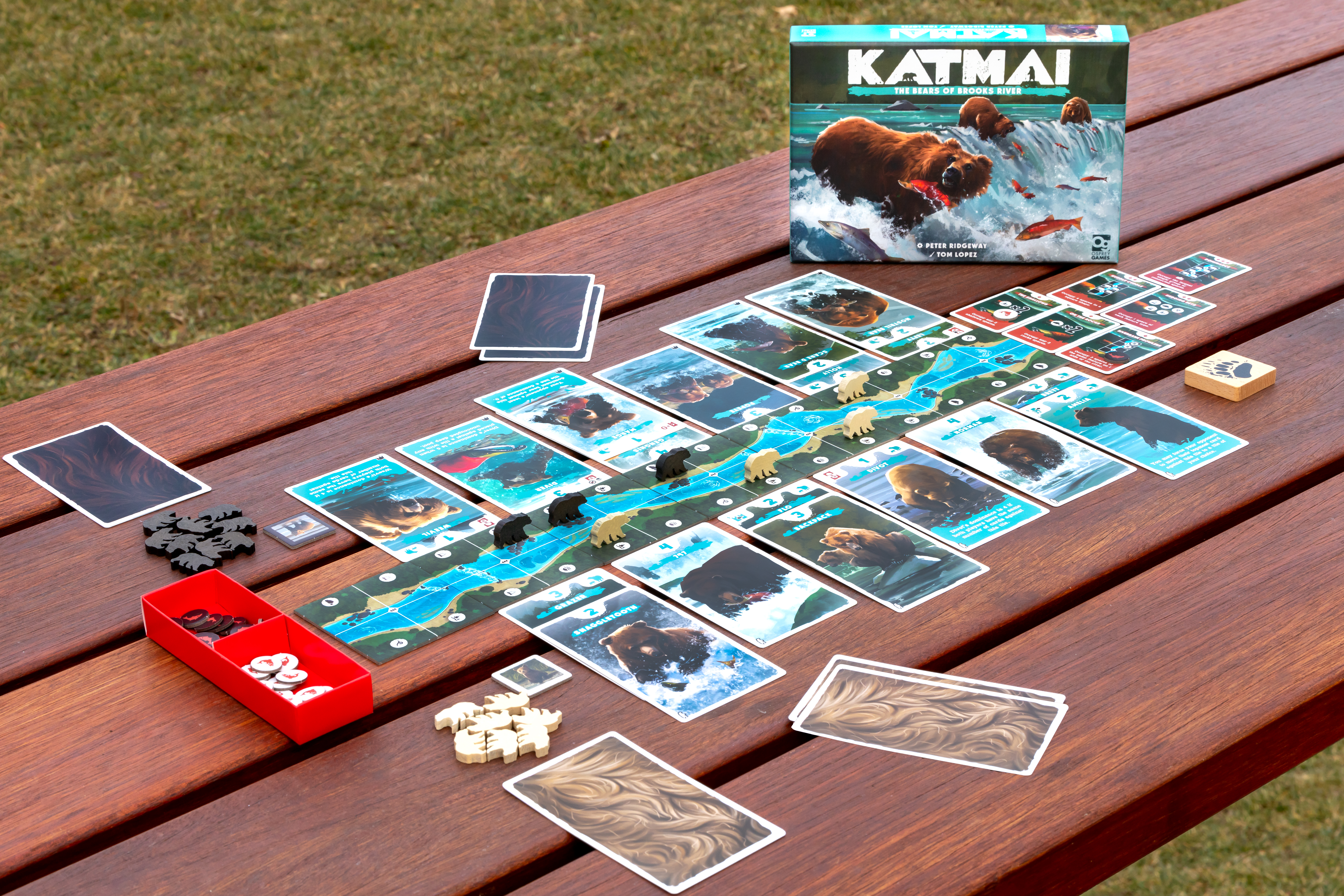 Katmai board game laid out on a wooden picnic table, with cards featuring bears on either side of a long, narrow board depicting a river dotted with light and dark bear tokens