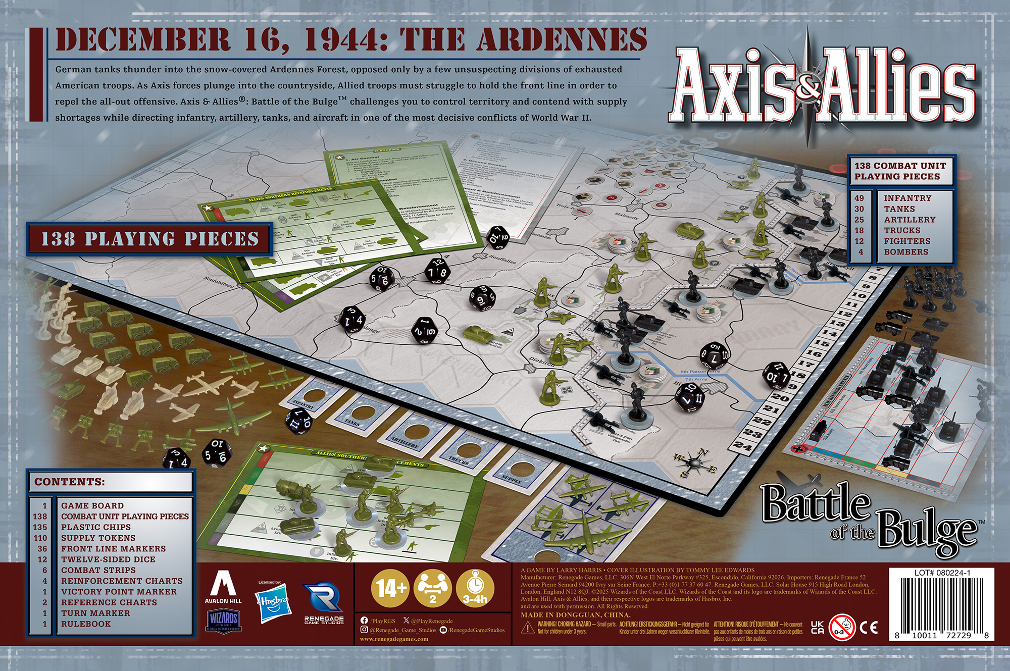 A picture of an Axis & Allies box with a map of the Battle of the Bulge as well as dice and miniatures A picture of an Axis & Allies box with a map of the Battle of the Bulge as well as dice and miniatures