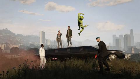 In Grand Theft Hamlet, actors gather around a limo in Los Santos while a naked green alien divebombs from the sky, holding a gun