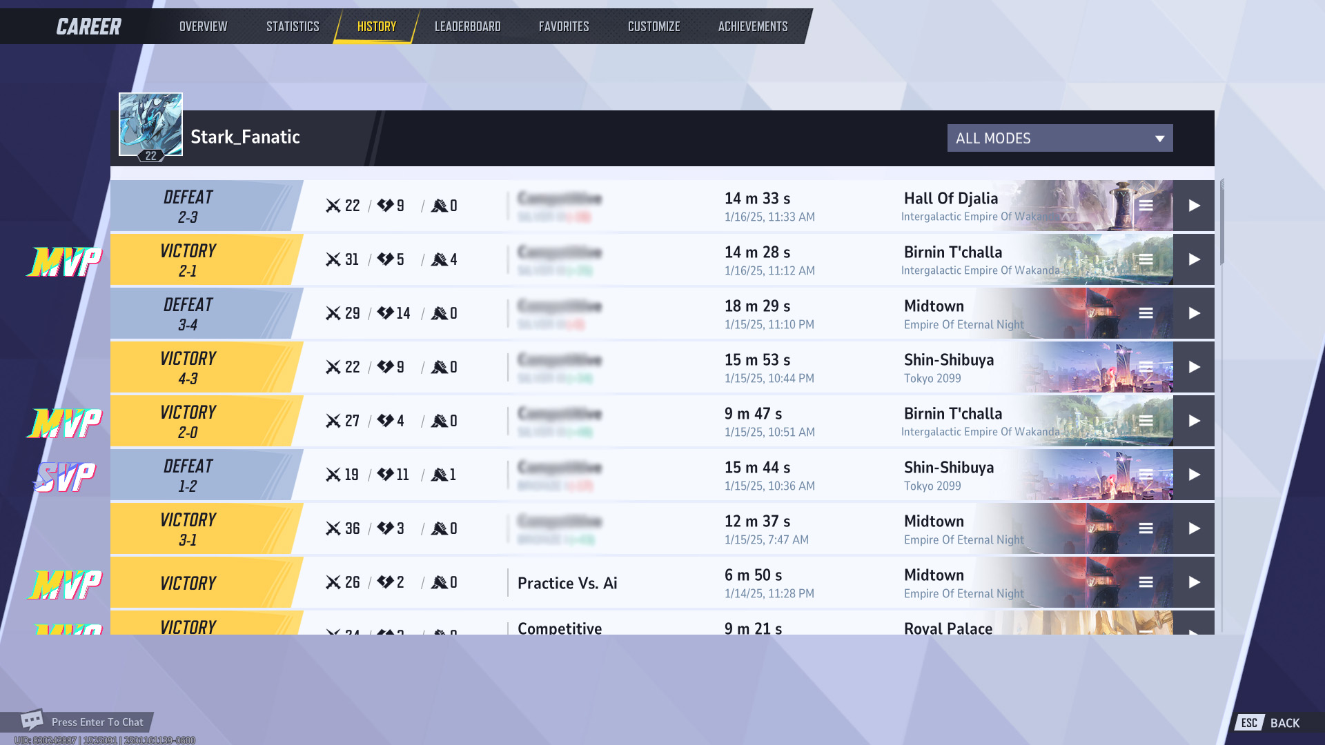 A match history for Marvel Rivals, showing a series of wins and losses A match history for Marvel Rivals, showing a series of wins and losses