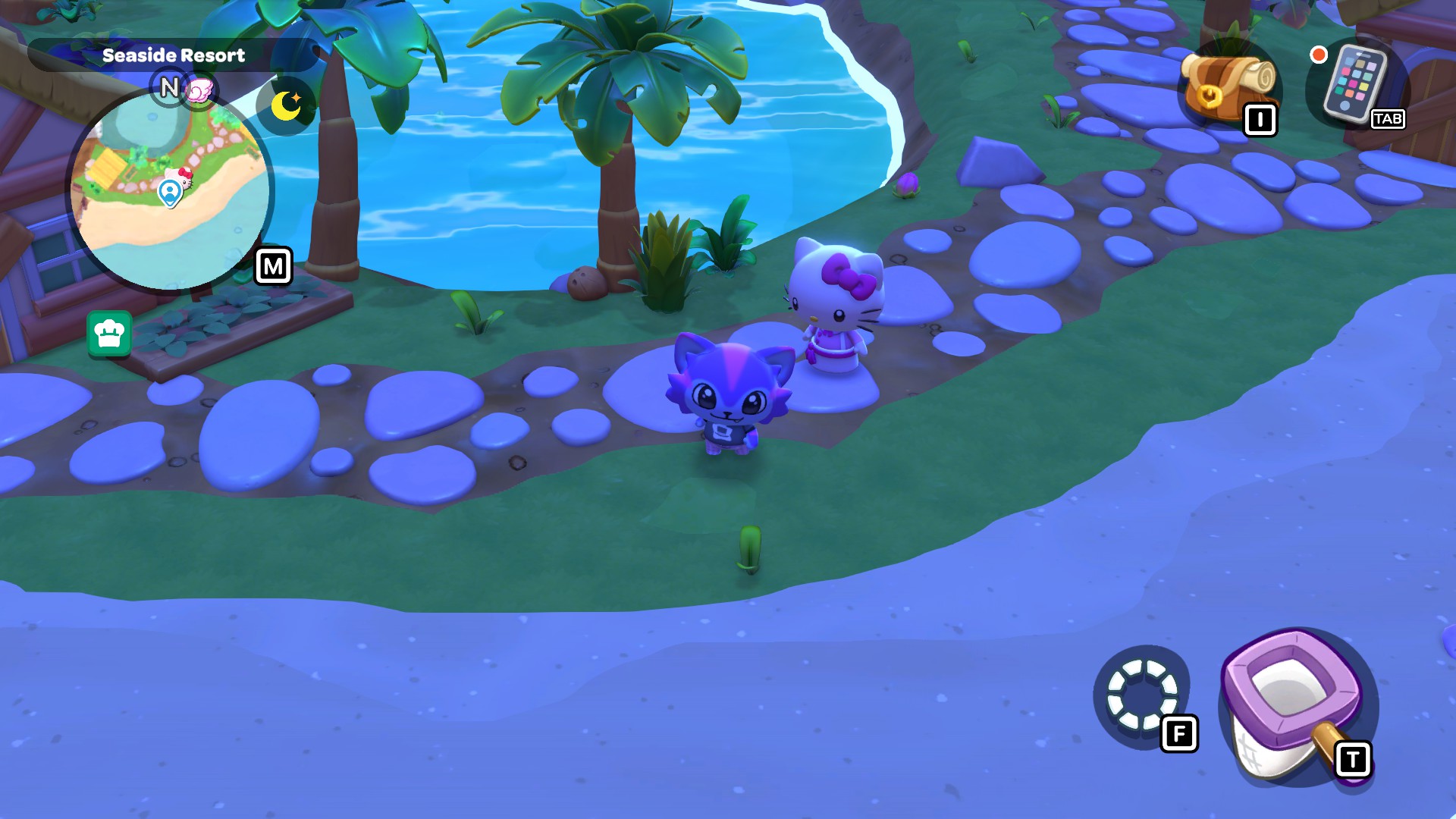 An image of a cat and Hello Kitty running around at night in Hello Kitty Island Adventure. 