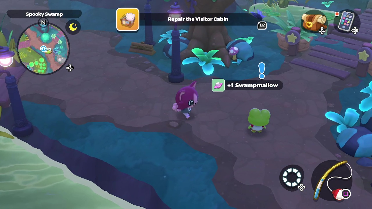 An image of a character running around a swamp in Hello Kitty Island Advnture. Keroppi is standing around as well. An image of a character running around a swamp in Hello Kitty Island Advnture. Keroppi is standing around as well.