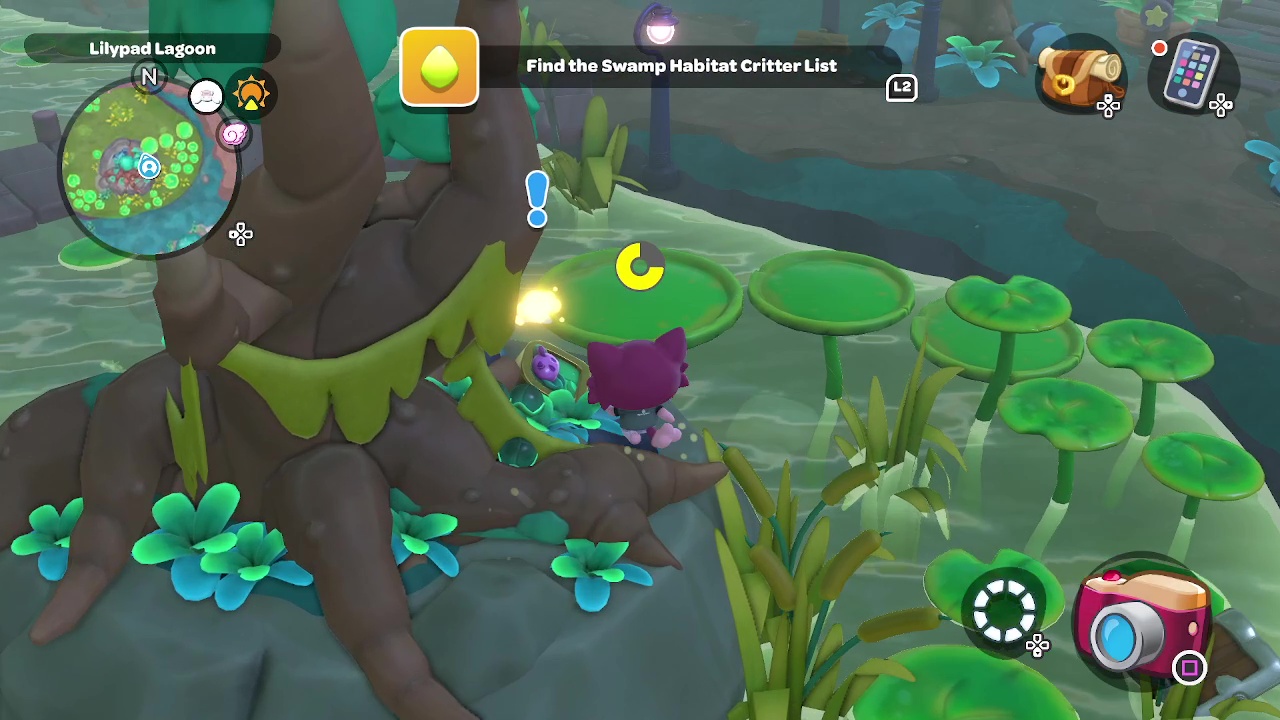 An image of a character looking for a lost item in Hello Kitty Island Adventure. The lost item is hidden next to a big tree in a swamp. An image of a character looking for a lost item in Hello Kitty Island Adventure. The lost item is hidden next to a big tree in a swamp.