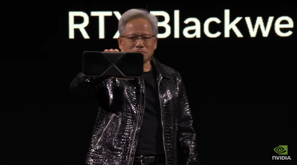 Nvidia CEO on stage with the new RTX 50-series.