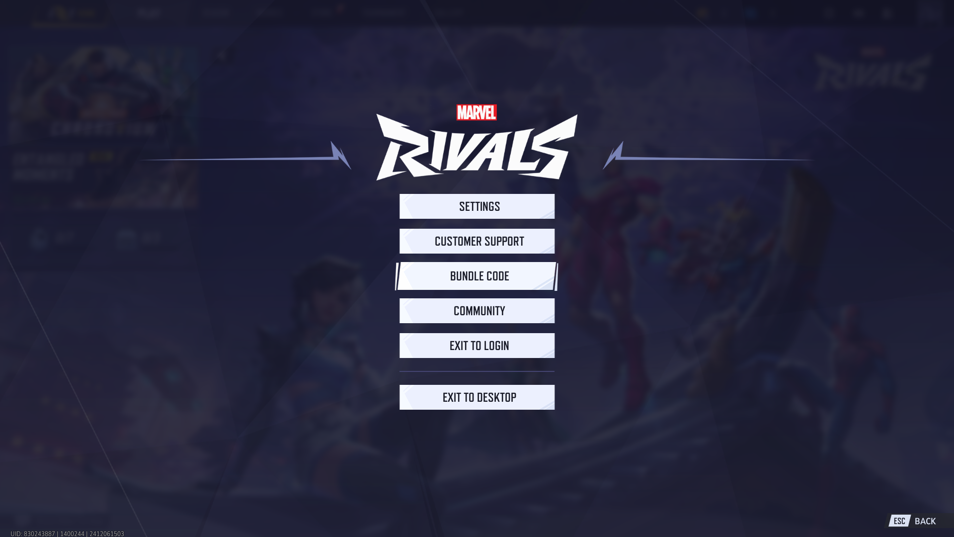 An image of the main menu in Marvel Rivals, which has options like bundle code and settings