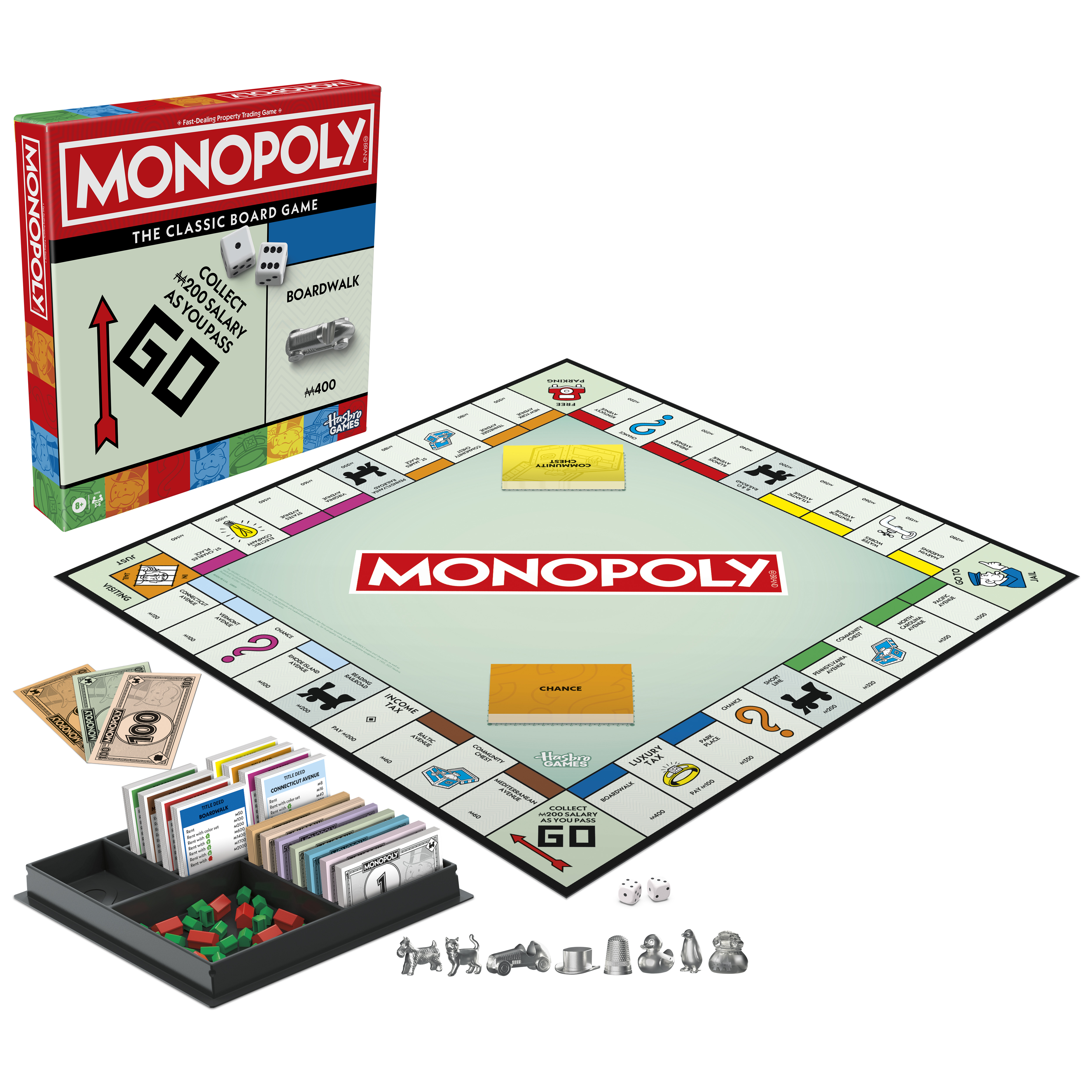 A render of the new Monopoly box. It also shows the storage tray and enlarged movers.