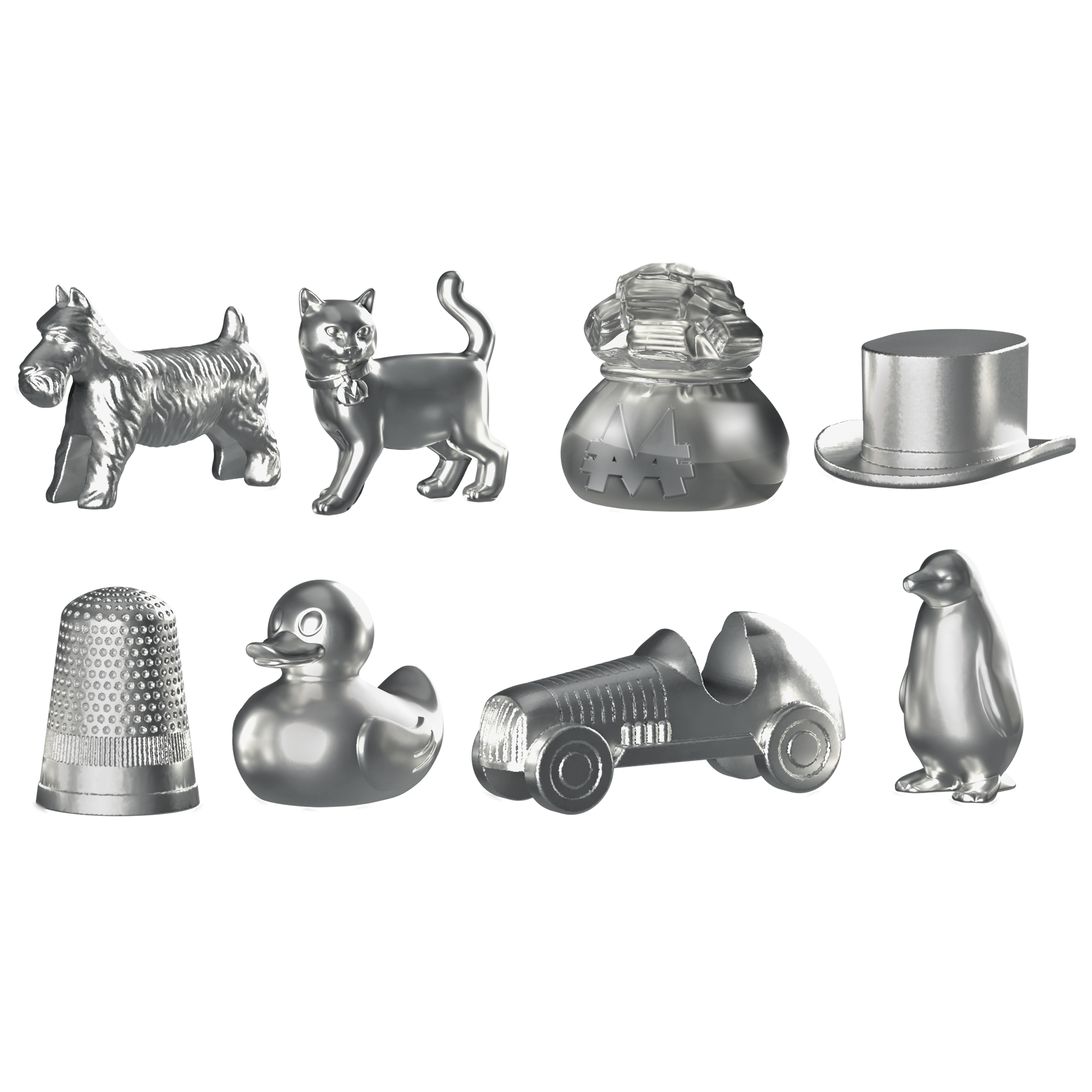 New metal movers include a cat, a penguin, and a bag of money.