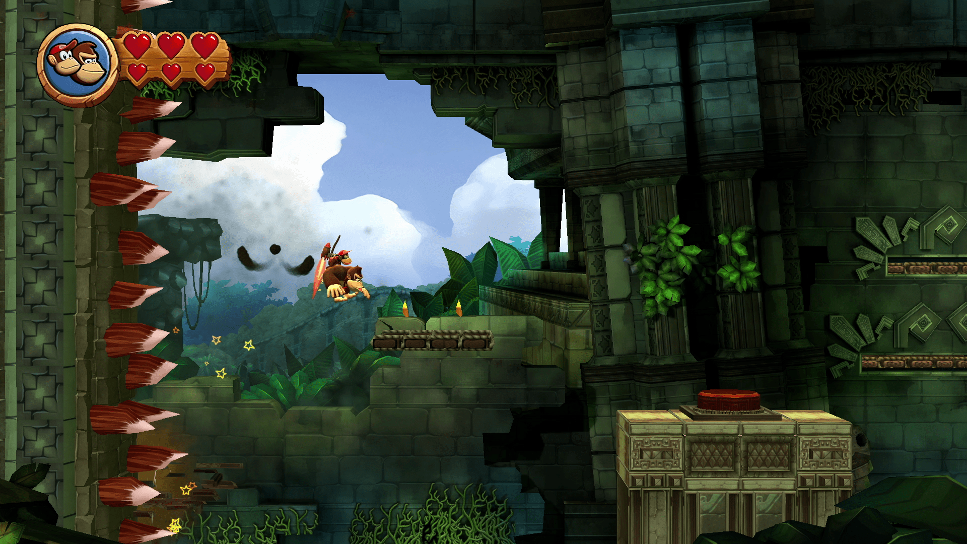 Donkey Kong, with Diddy on his back, leaps across a gap to a wooden platform in Donkey Kong Country Returns HD Donkey Kong, with Diddy on his back, leaps across a gap to a wooden platform in Donkey Kong Country Returns HD