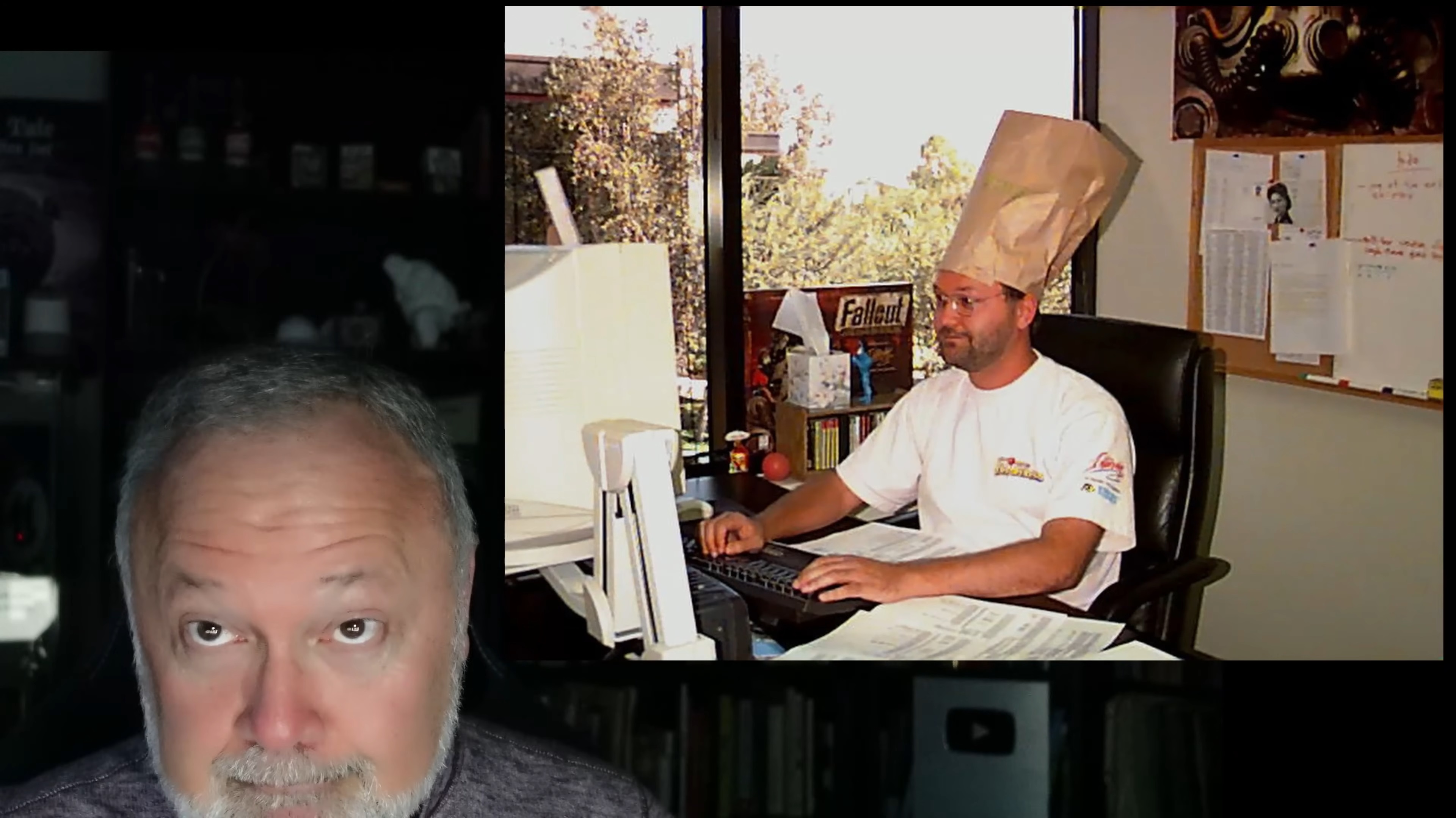 Webcam photo of Tim Cain next to shot of him during the development of Fallout seated at a computer wearing a brown paper bag over his head.