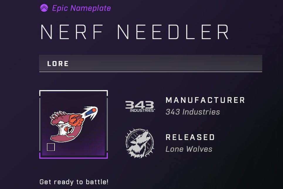 A screenshot of the exclusive in-game nameplate for Halo Infinite offered with the Nerf Needler