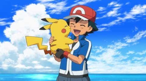 Ash Ketchum holding Pikachu, they’re smiling at each other.