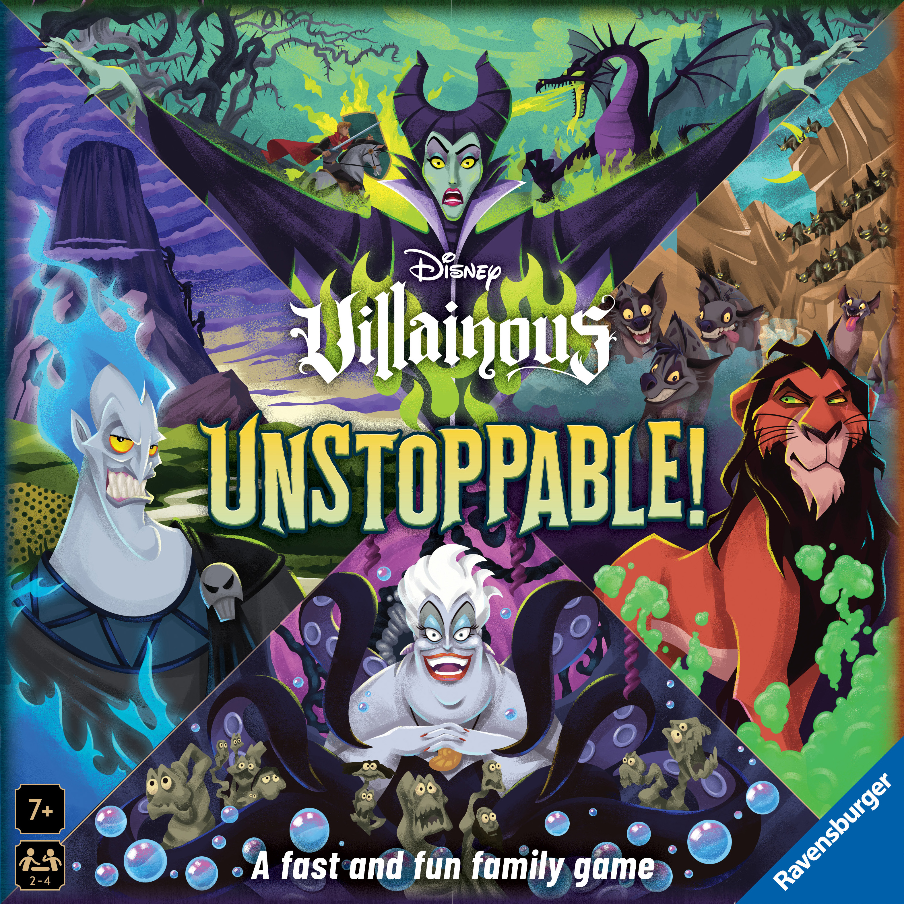 Cover art for Villainous Unstoppable features four villains, Hades, Maleficent, Scar, and Ursula each in a quarter of a circle depicting their lairs. Cover art for Villainous Unstoppable features four villains, Hades, Maleficent, Scar, and Ursula each in a quarter of a circle depicting their lairs.
