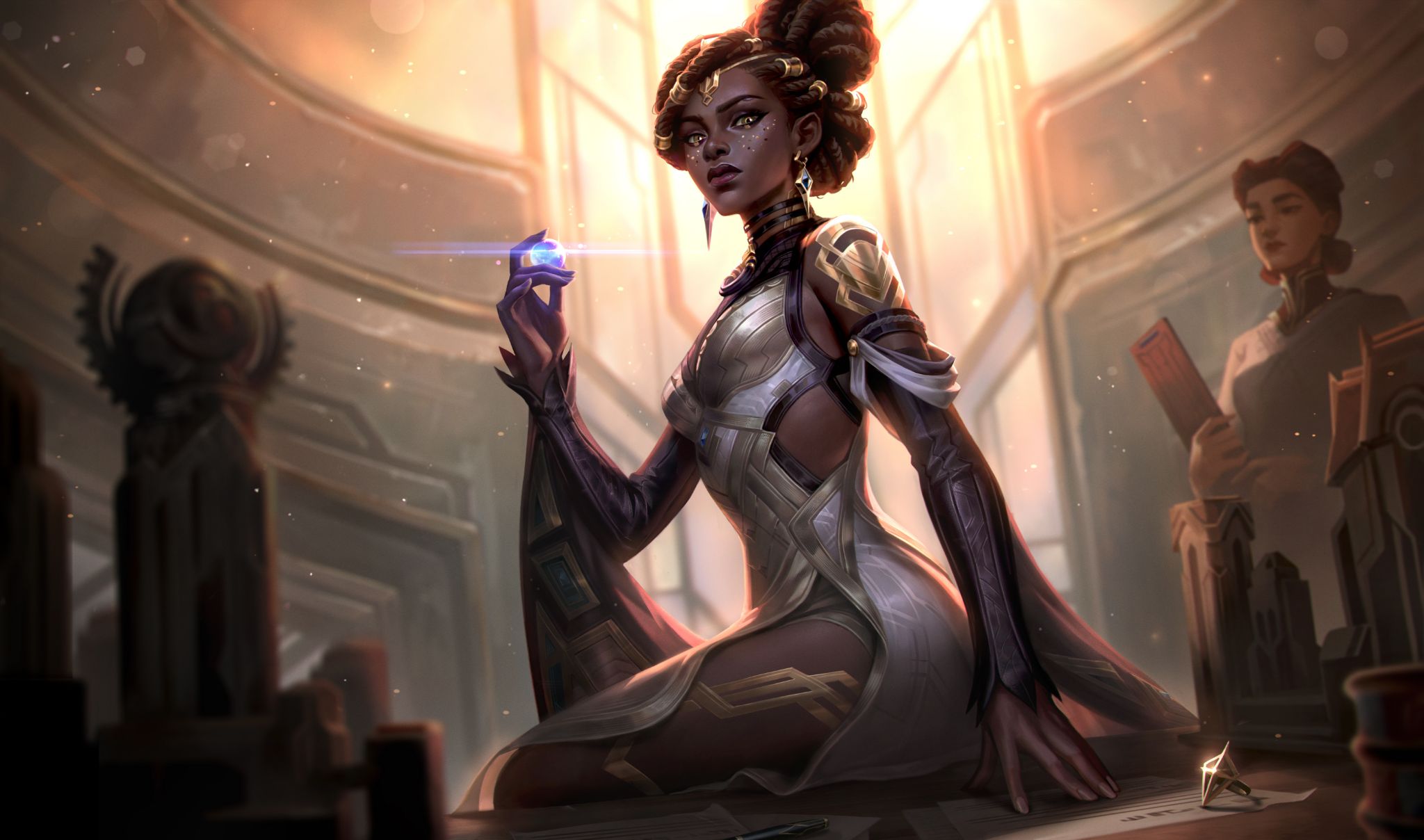 Mel from Arcane, sitting on the table in the council room and holding a hextech gem inbetween her fingers. She gazes ahead, contemplative, while her secretary stands ready to take notes.