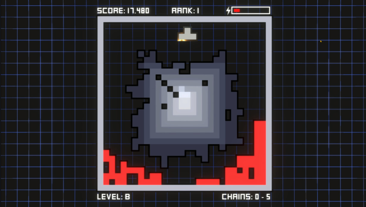 A screenshot of Reaktor, a Tetris-style four-sided game, showing a player dropping a T-shaped block on a built out cube, with red missed pieces littering the bottom. A screenshot of Reaktor, a Tetris-style four-sided game, showing a player dropping a T-shaped block on a built out cube, with red missed pieces littering the bottom.
