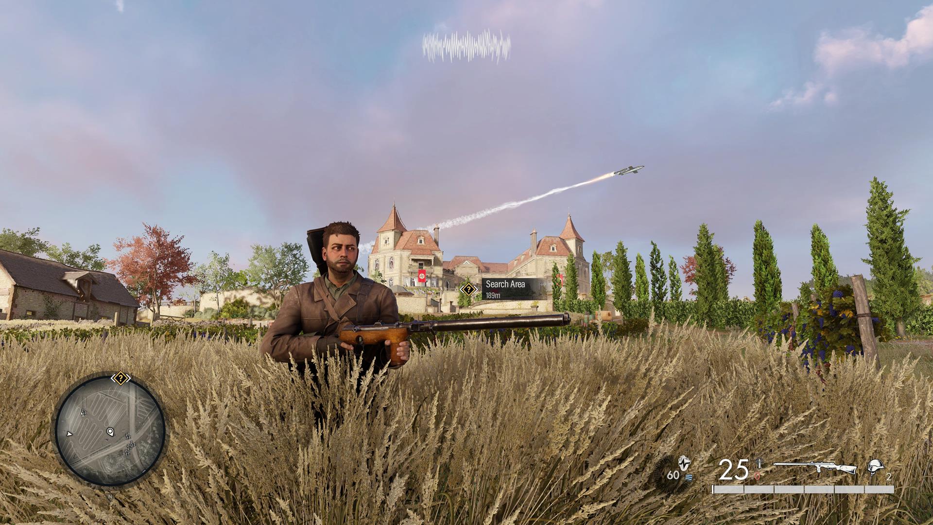The image shows the player standing in a field. A large chateau can be seen in the distance. The image shows the player standing in a field. A large chateau can be seen in the distance.