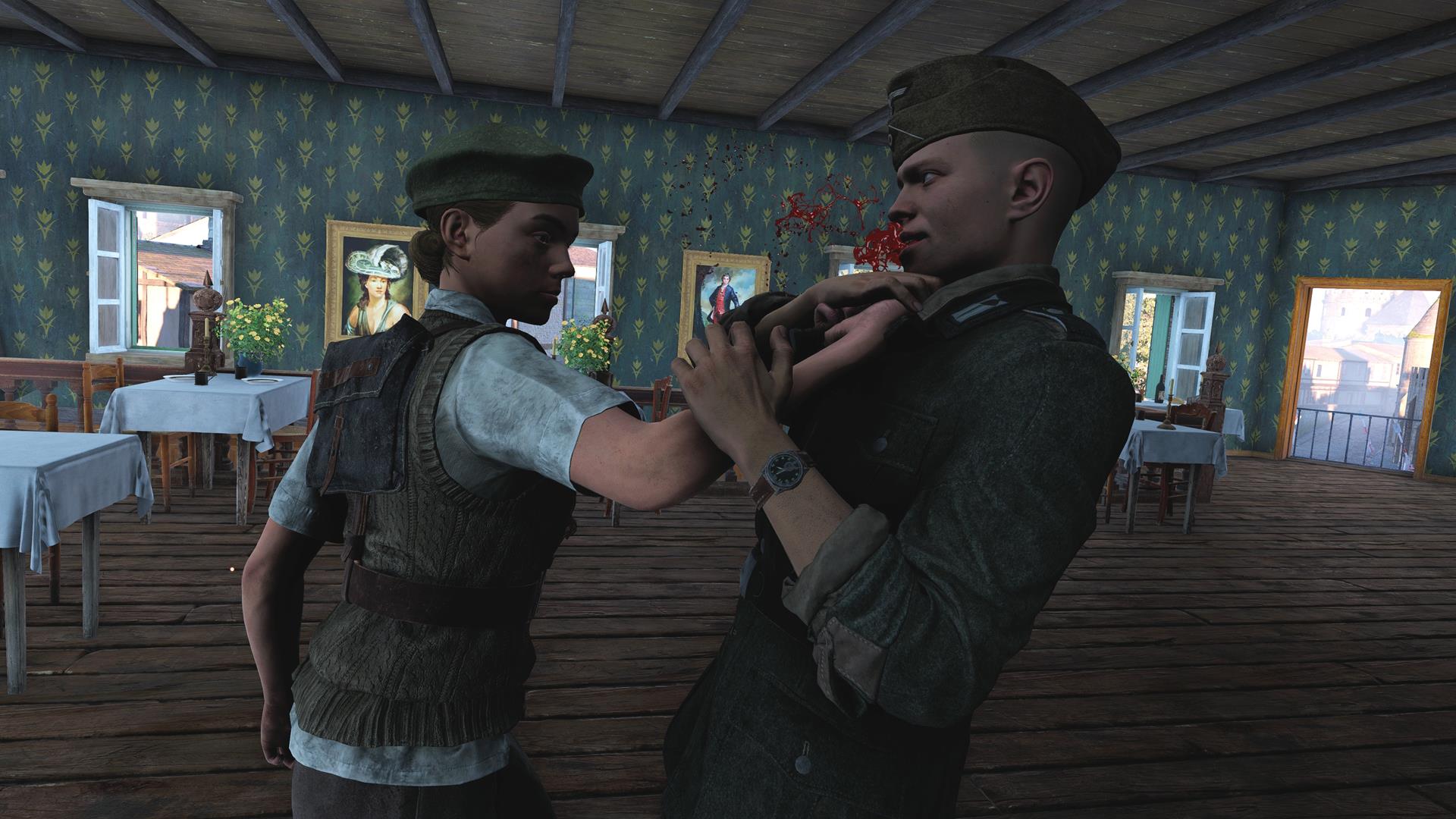 The image shows a French Resistance fighter stabbing a Nazi soldier. The image shows a French Resistance fighter stabbing a Nazi soldier.