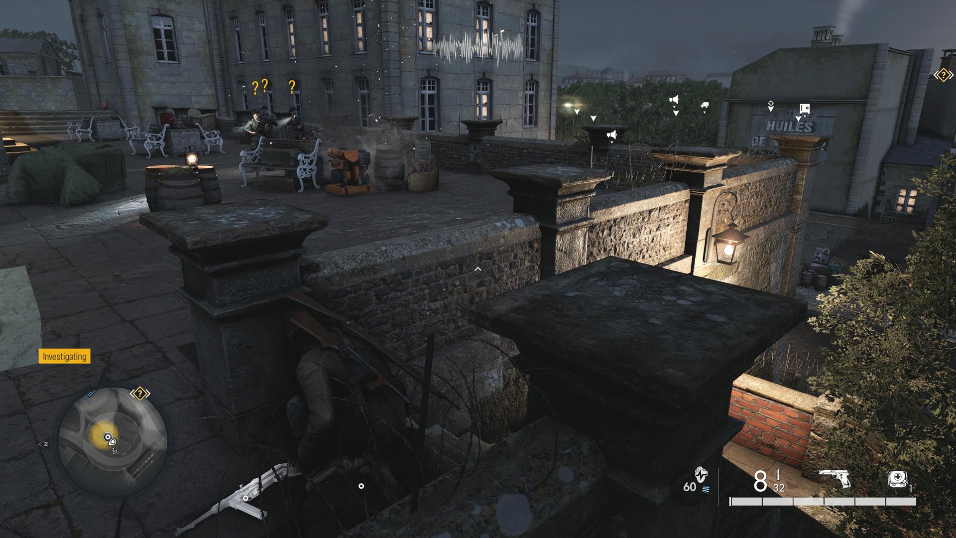 The image shows the player watching as several soldiers get distracted by a single damaged generator. The image shows the player watching as several soldiers get distracted by a single damaged generator.