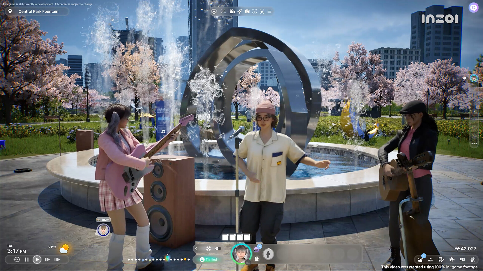 Three Zois, realistic Sim-like characters, play instruments in front of a fountain in a city park in InZoi Three Zois, realistic Sim-like characters, play instruments in front of a fountain in a city park in InZoi