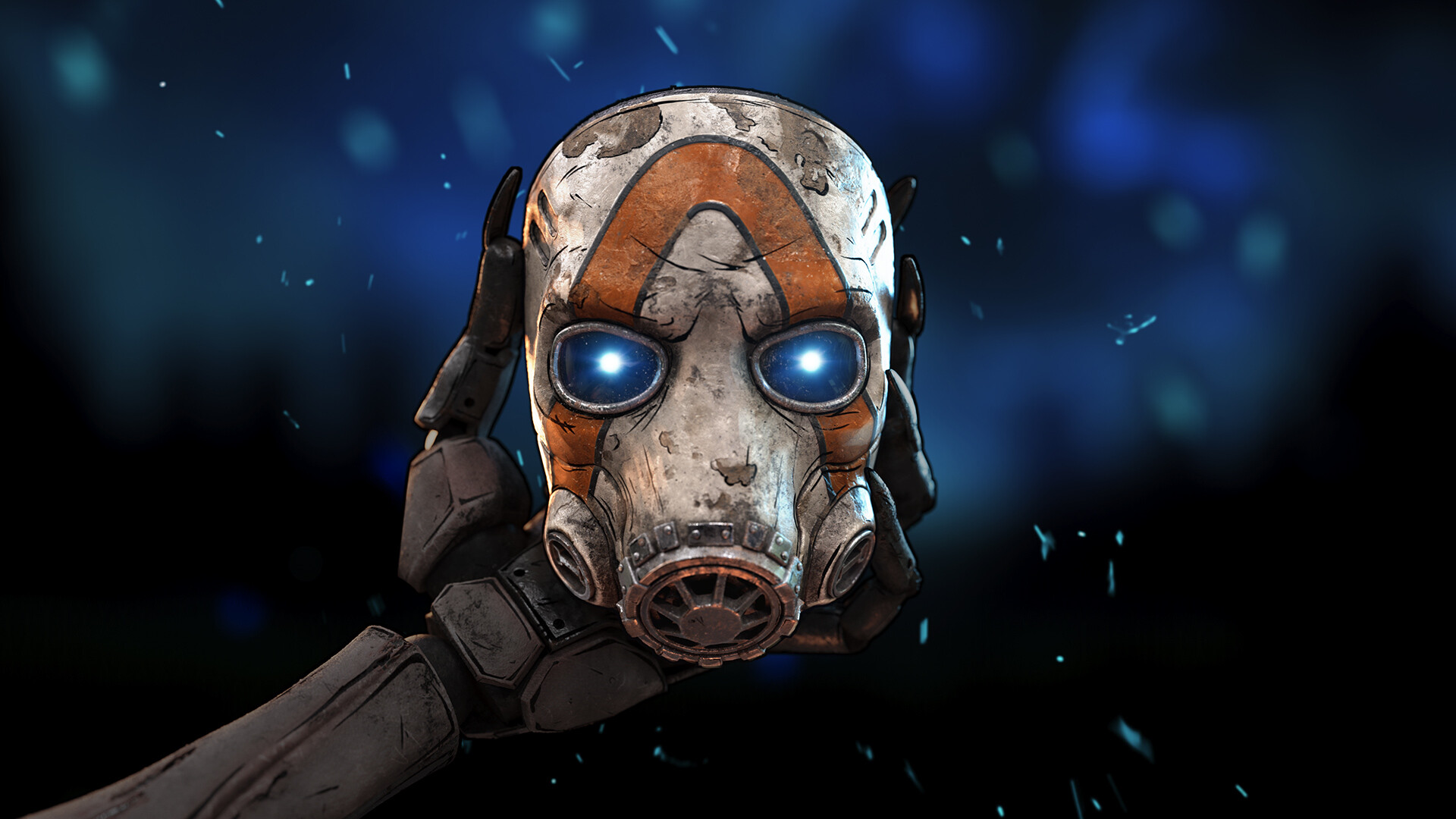 A screenshot of a robotic hand holding a mask with glowing eyes in the trailer for Borderlands 4. A screenshot of a robotic hand holding a mask with glowing eyes in the trailer for Borderlands 4.