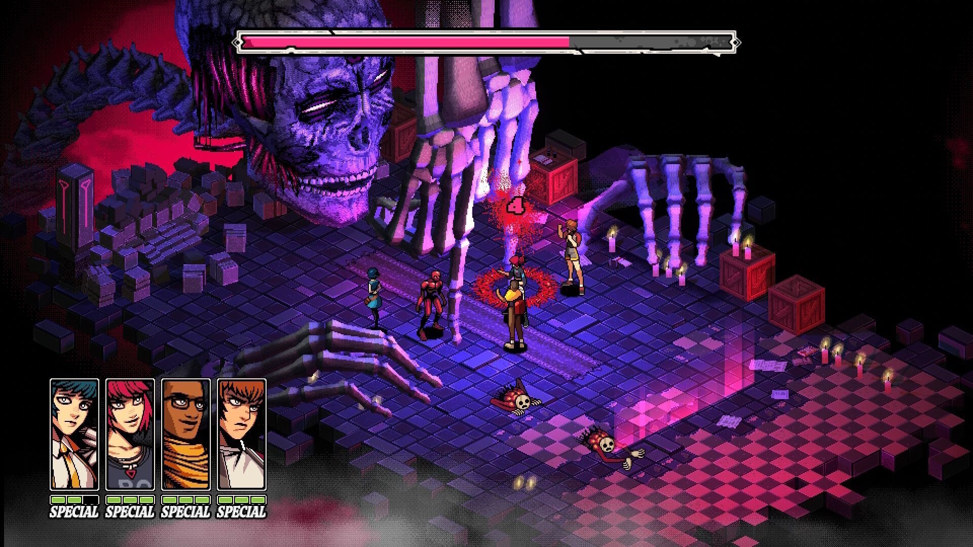 Four characters face a giant squinting skeleton in a purple-and-red isometric room in Demonschool Four characters face a giant squinting skeleton in a purple-and-red isometric room in Demonschool